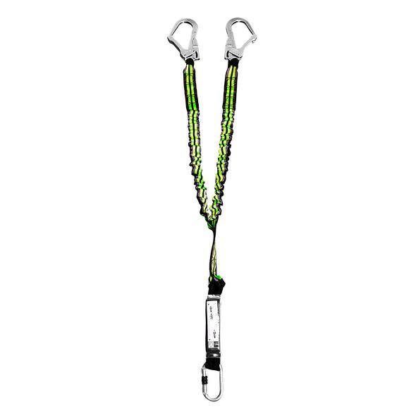 Double elastic strap lanyard with shock absorber with 2 snap hooks